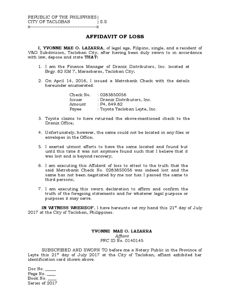 Affidavit of Loss (Check) | PDF