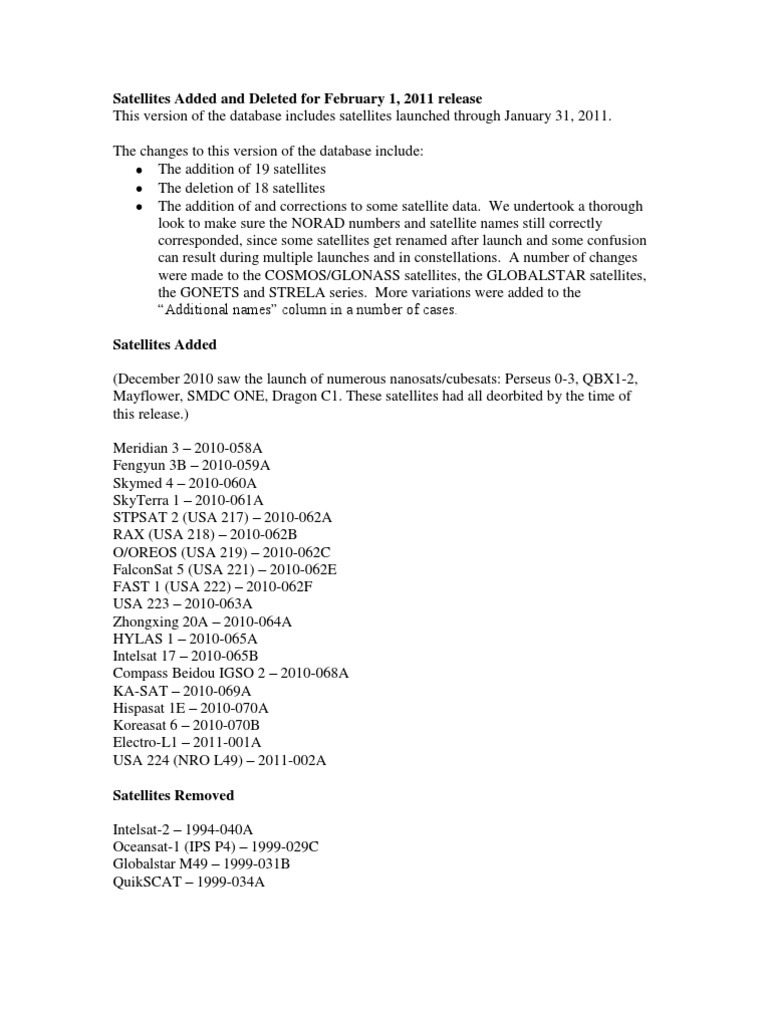 Satellite Database Updates January 2011 | PDF | Telecommunications ...