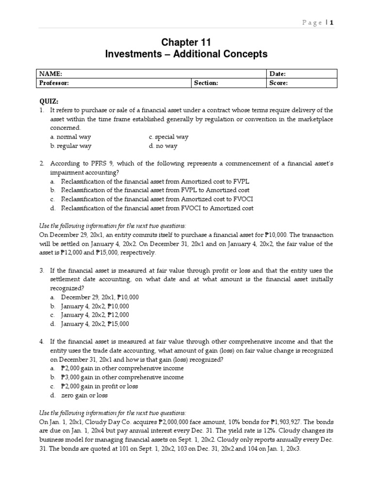 Chapter 11 Investment Concepts Quiz | PDF | Historical Cost | Fair Value