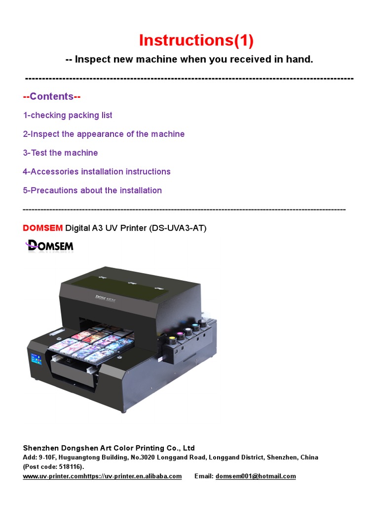 DOMSEM A3 UV Printer Installation Guide | PDF | Computing | Equipment