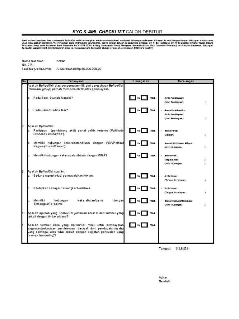 Kyc & Aml Checklist Calon Debitur: Azhar | PDF