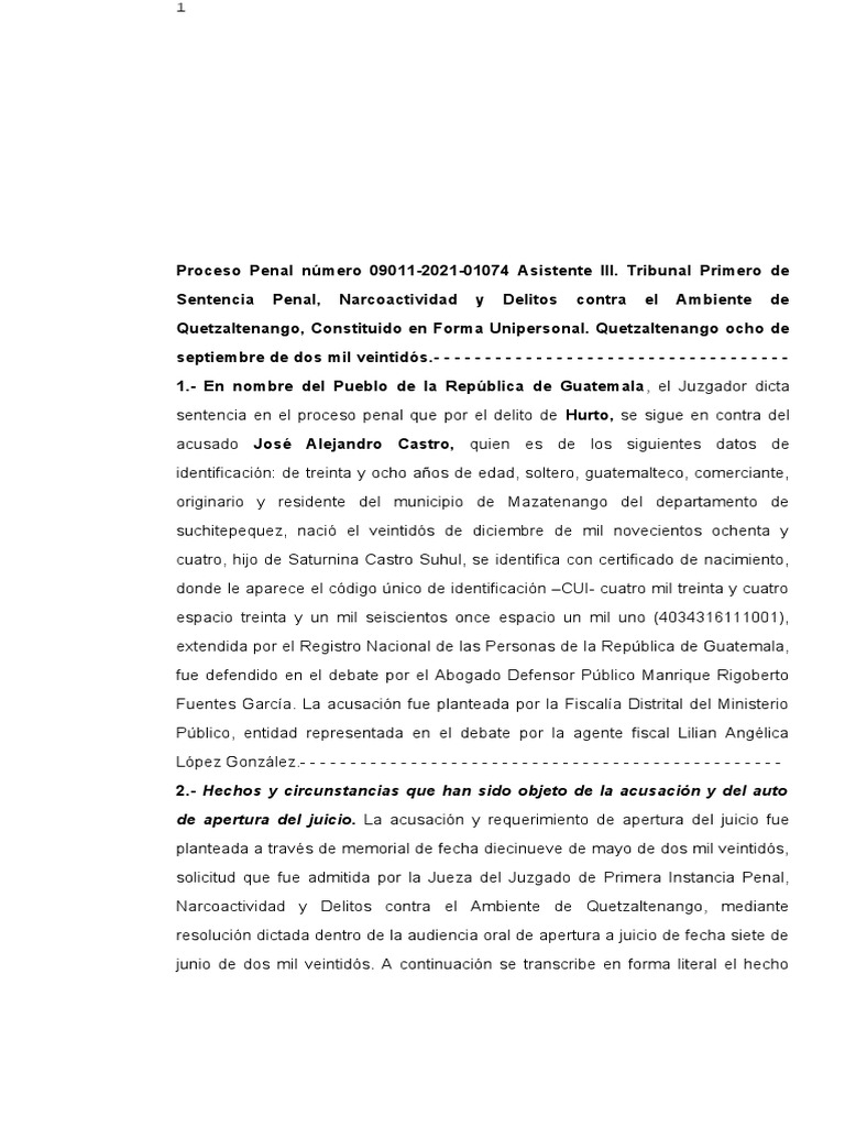 Sentencia por Hurto en Quetzaltenango | PDF | Derecho penal | Castigos