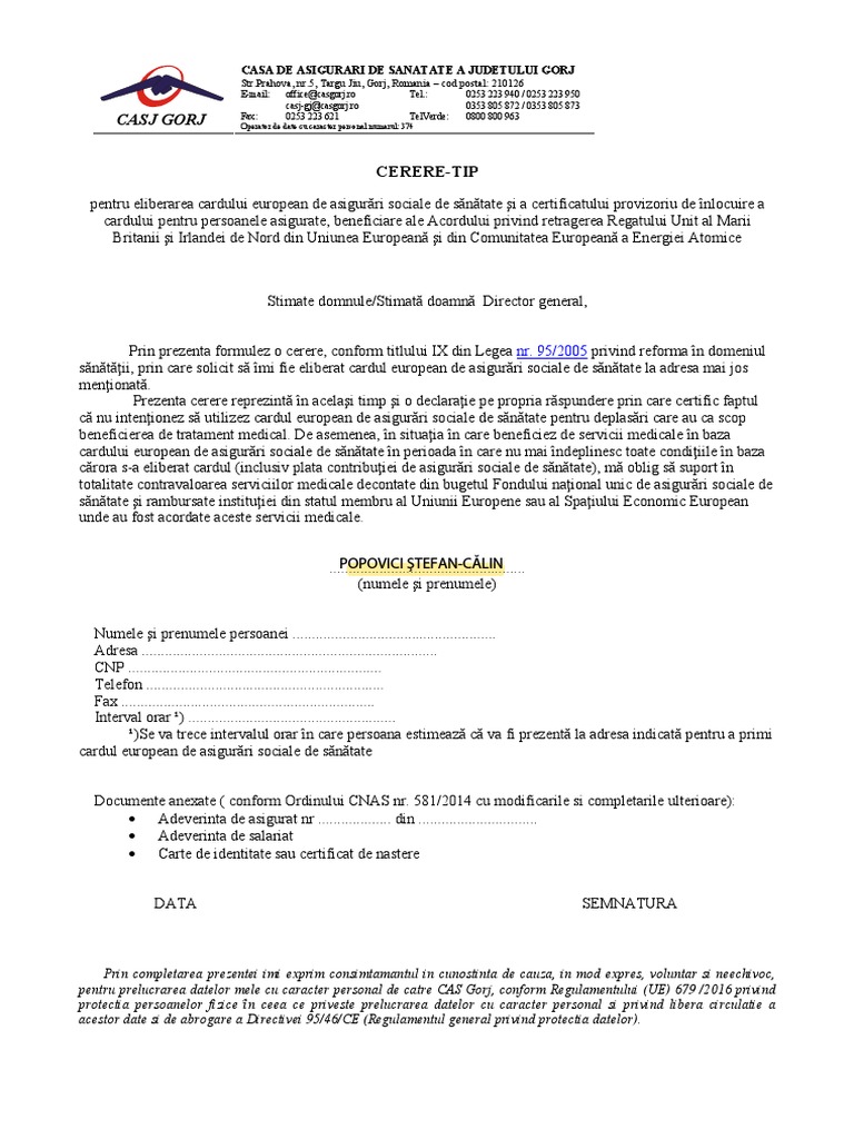 Formular - Cerere de Eliberare A Cardului European 2021 | PDF