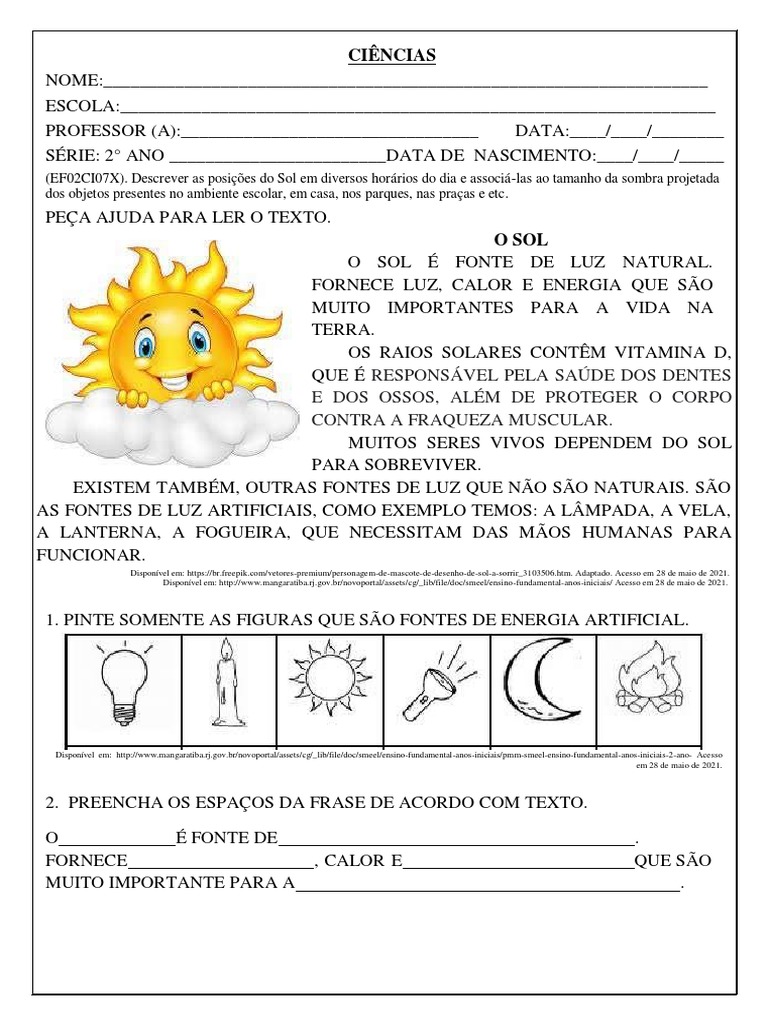 Atividades sobre o Sol e Sombra 2º Ano | PDF | Sol | Arco-íris