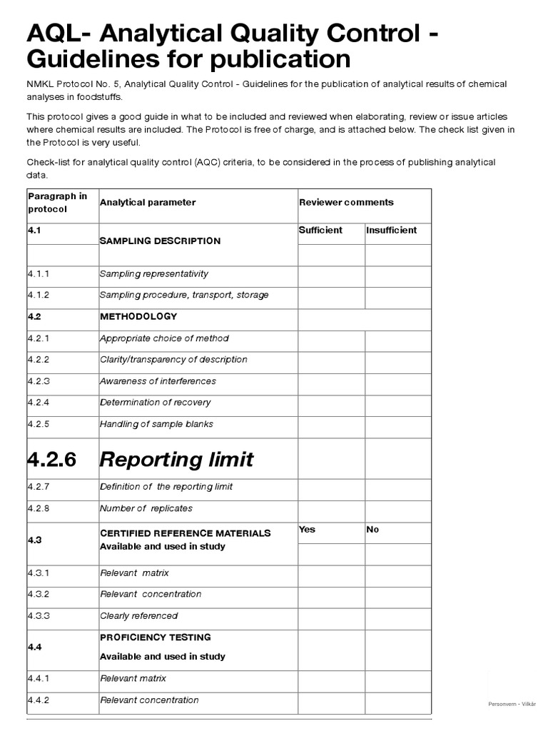 NMKL AQL Analytical Quality Control Guidelines For Publication PDF