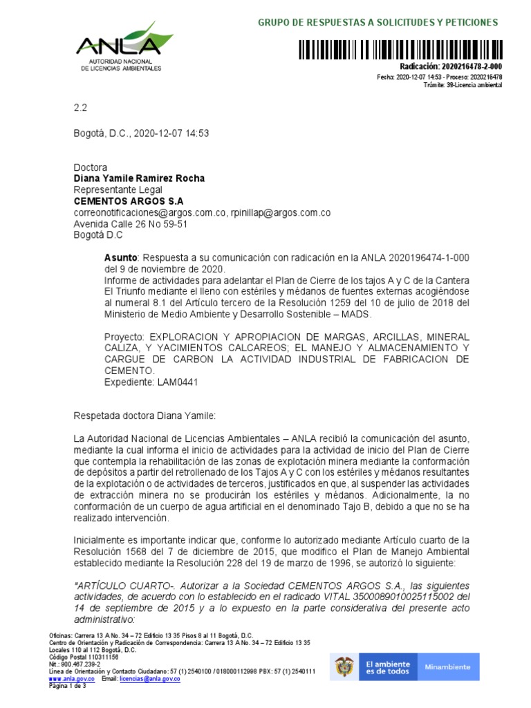 Respuesta ANLA Aclaración Cierre 2020216478-2-000 | PDF | Minería ...