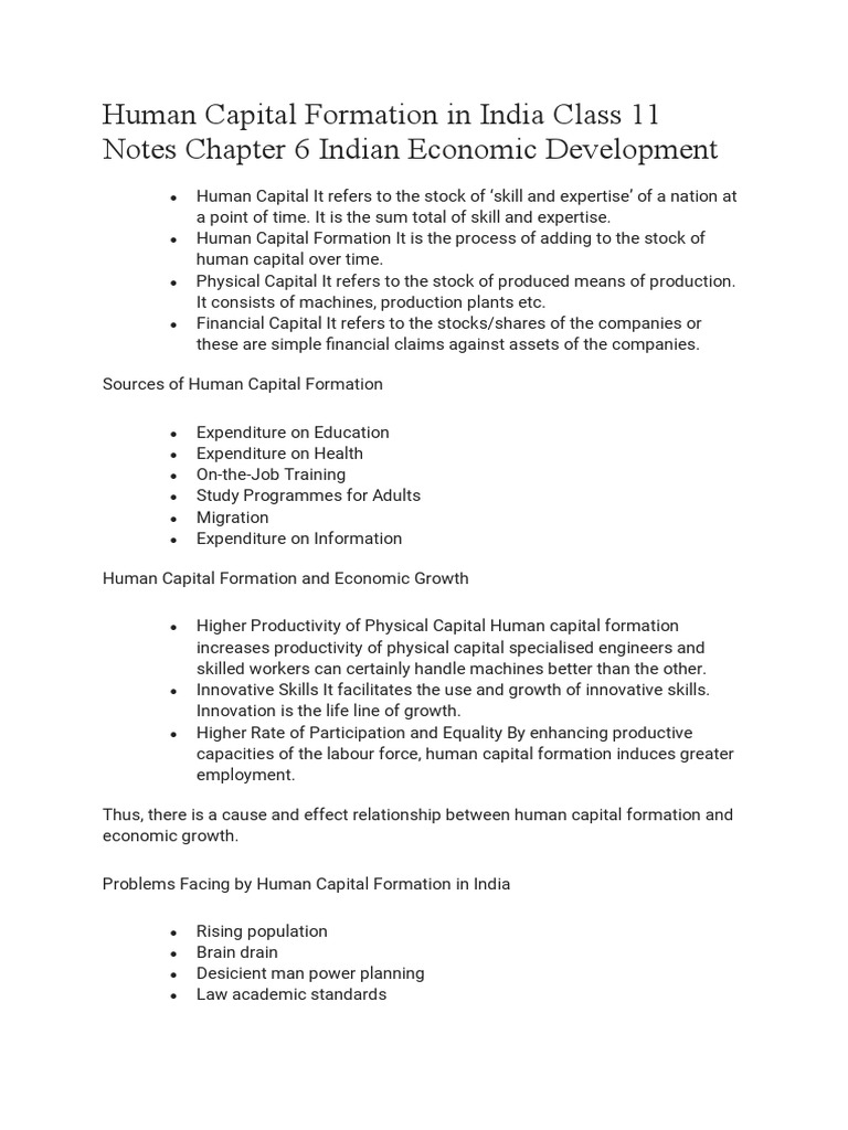 Human Capital Formation in India: Class 11 Notes | PDF | Human Capital ...