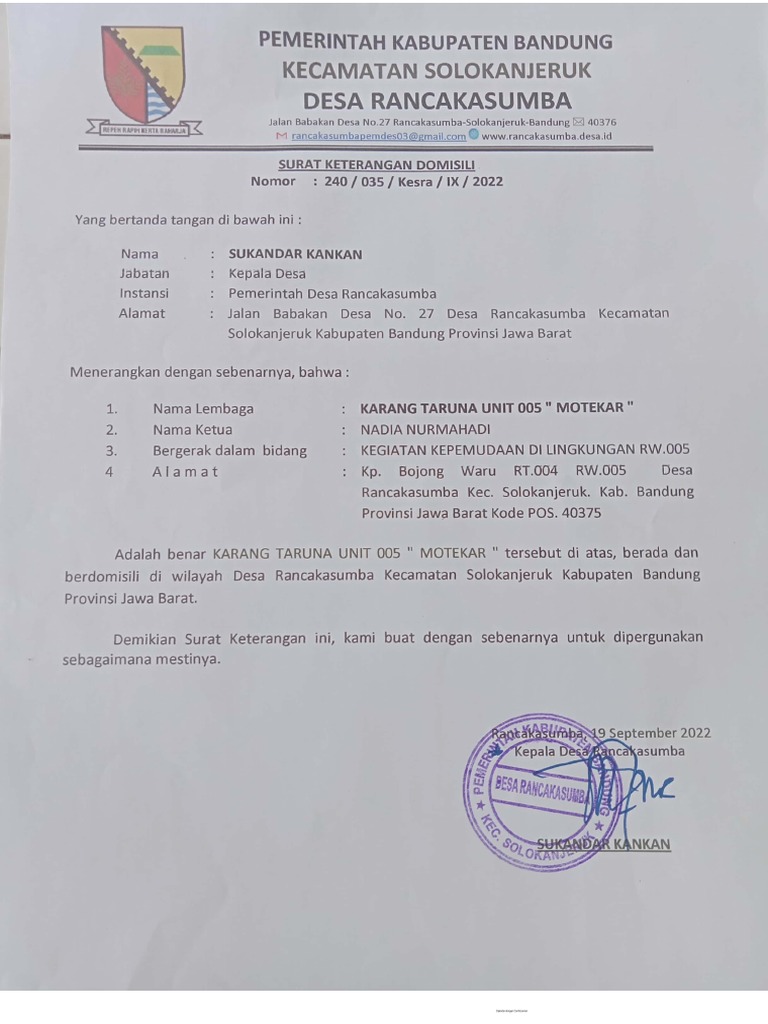 Suket Domisili Karta 05 MOTEKAR | PDF