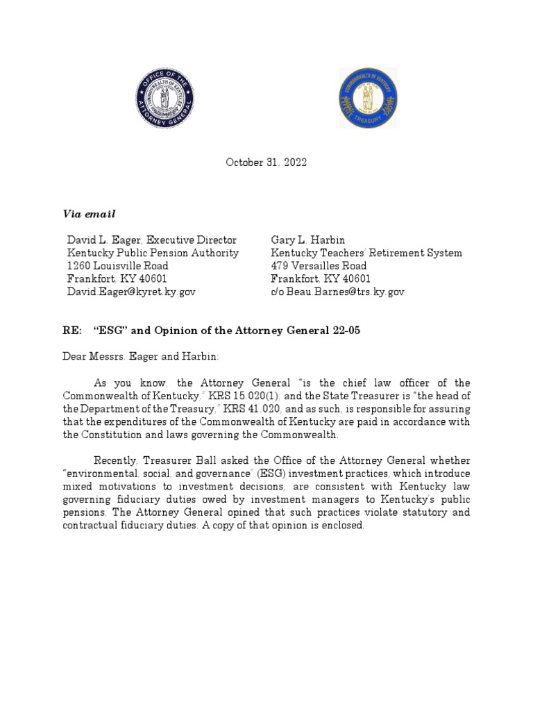 Kentucky AG and Treasurer Joint Letter To Public Pension Systems | PDF ...