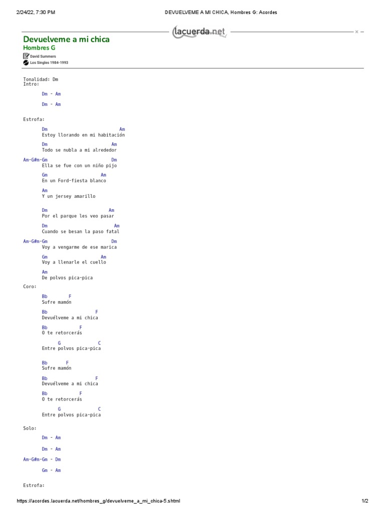 DEVUELVEME A MI CHICA, Hombres G Acordes PDF Música grabada Canciones pop
