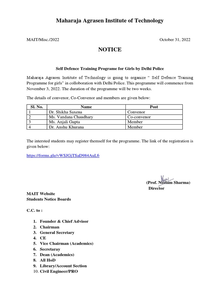 Notice-Self Defence Training | PDF