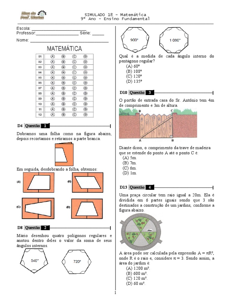 Simulado 18 (Mat. 9º Ano - Blog Do Prof. Warles) | PDF | Números ...