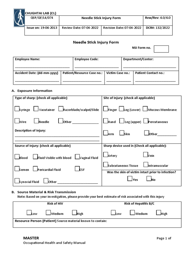 Needle Stick Injury Reporting Form | PDF | Epidemiology | Immunology