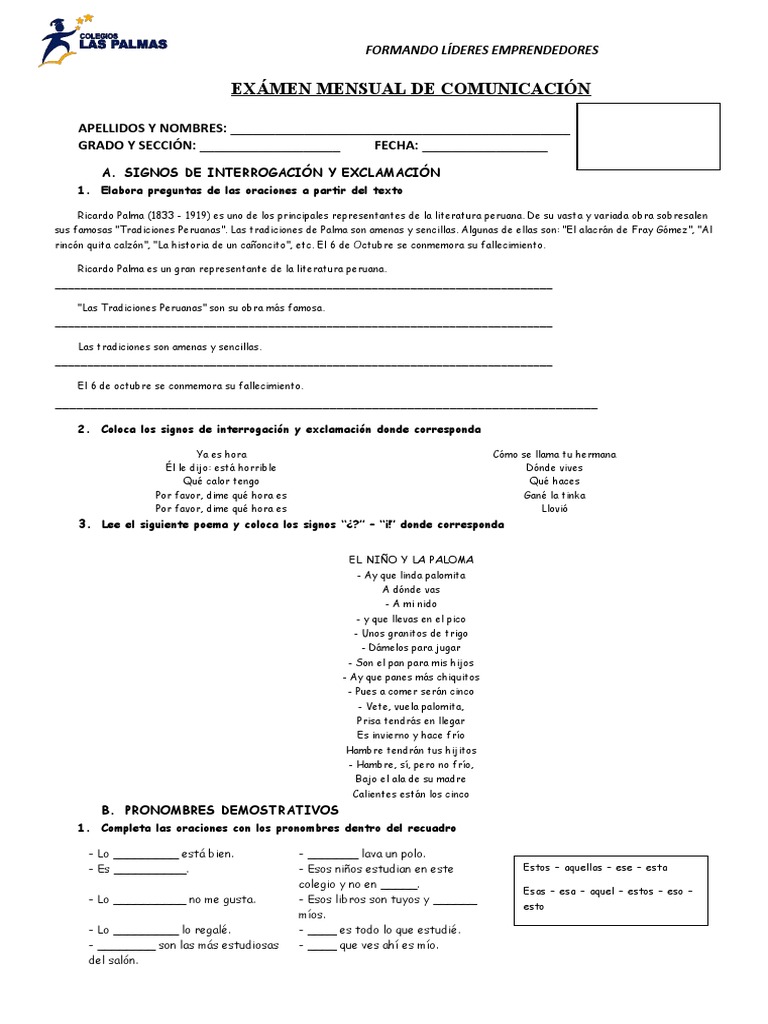 Examen Mensual de Comunicación | PDF | Verbo | Sintaxis