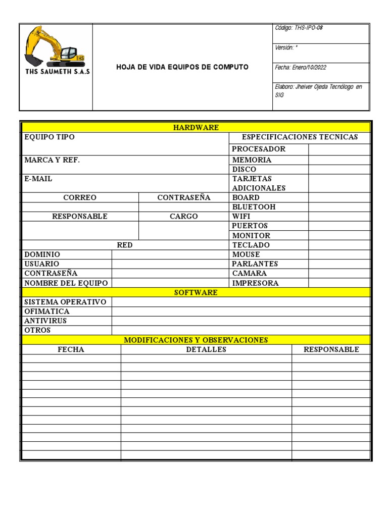 THS Formato de Ins Peccion Hoja de Vida Equipo de Computo | PDF