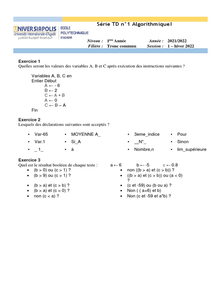 Exercices d'Algorithmique en 1ère Année | PDF | Programmation ...