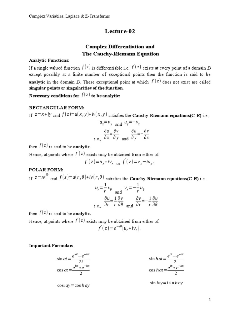Math3 Ch02 Complex Diff & CR Eqn PDF Equations Analytic Function