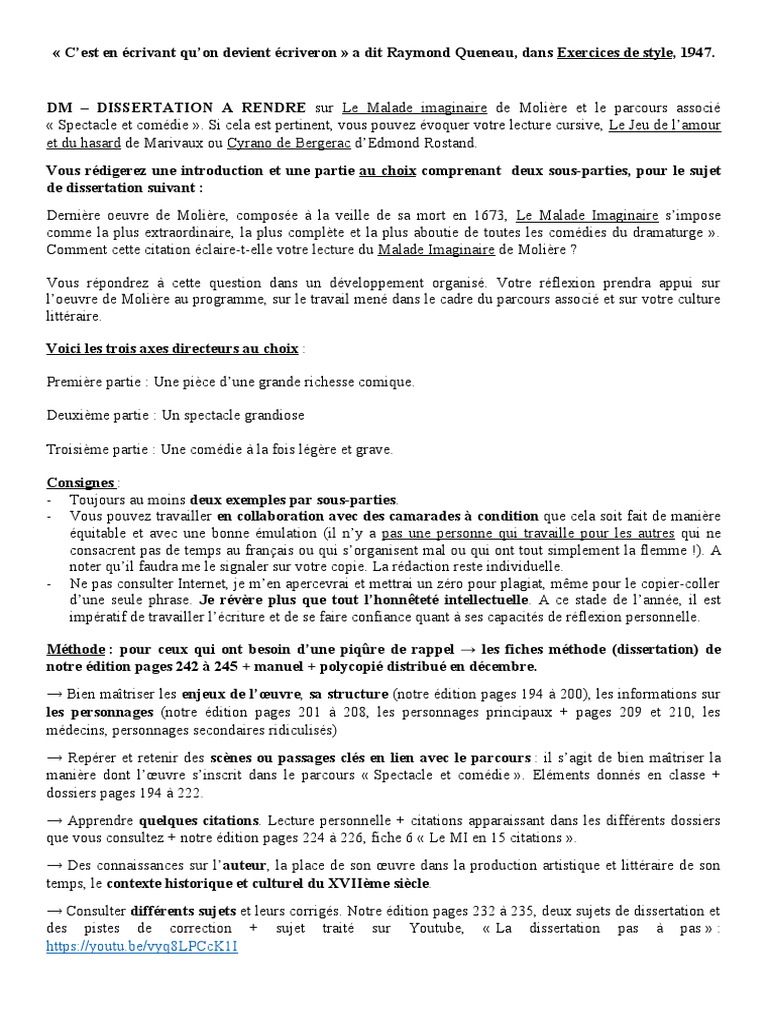 Dissertation Le Malade Imaginaire Corrigé 2021 DM - Dissertation - Malade Imaginaire | PDF | Molière