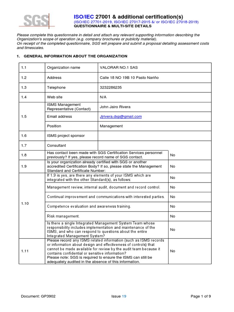 GP3902 ISO 27001 Questionnaire | PDF | Cloud Computing | Information ...
