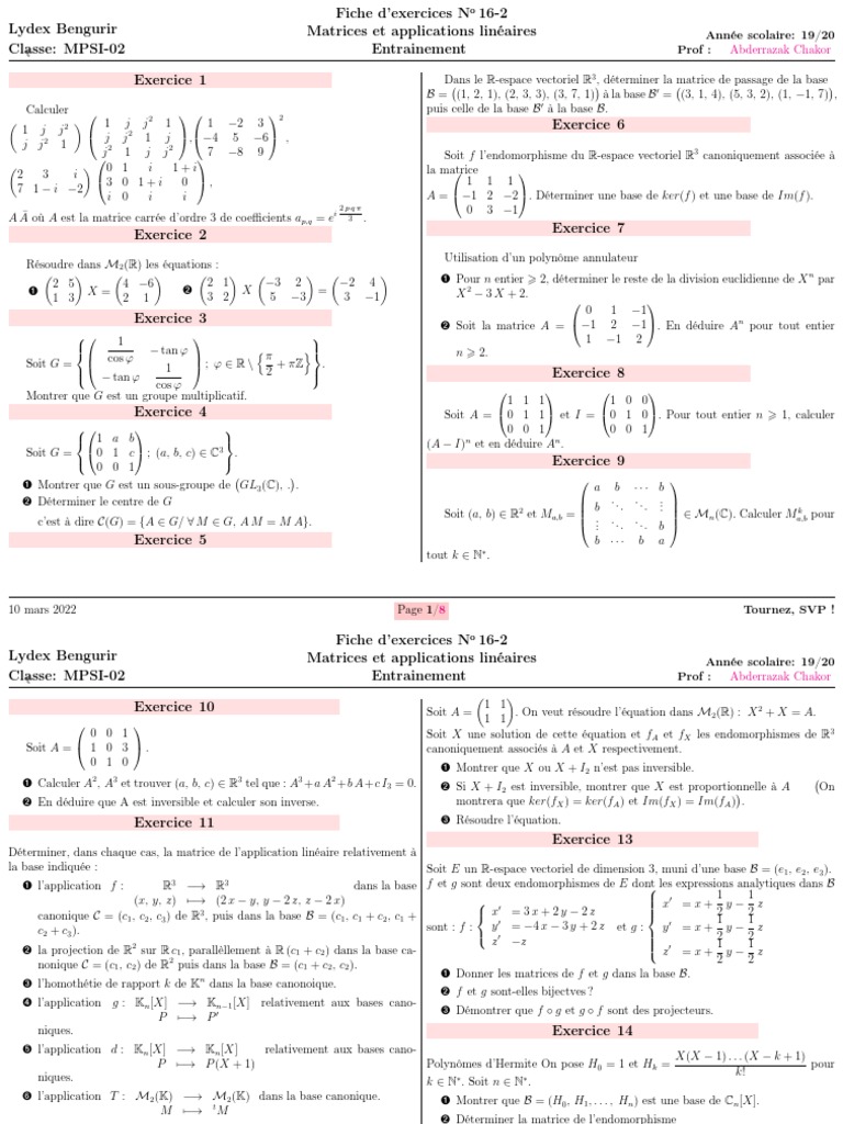 Exercices sur Matrices et Applications Linéaires | PDF | Matrice ...
