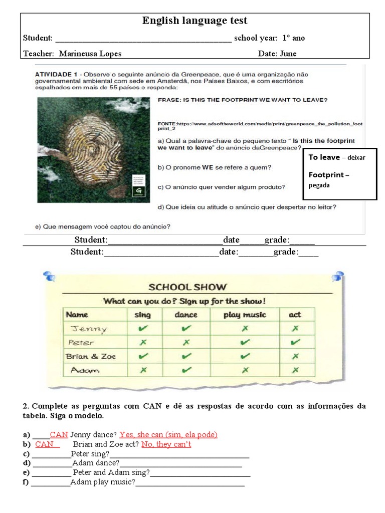 Avaliação Mensal de Ingles 1 Ano (1) 2nd Bimester | PDF
