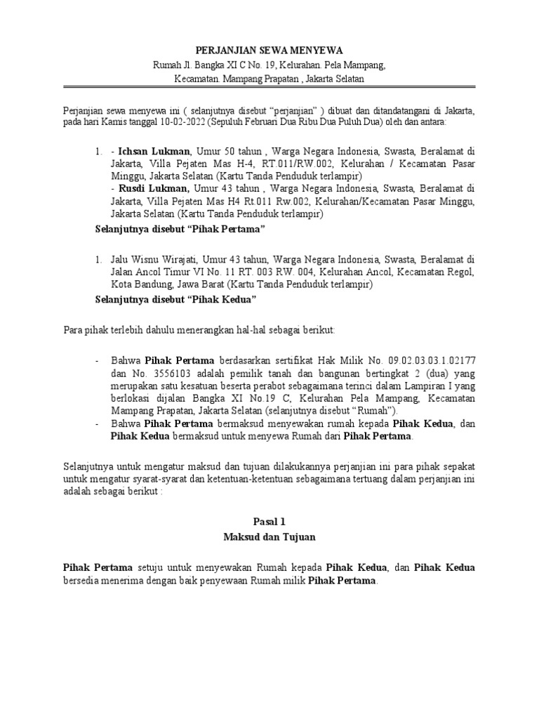 Perjanjian Sewa Menyewa Rumah Bangka Xi New PDF