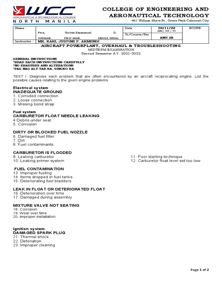 College of Engineering Midterm Exam Diagnose Aircraft Engine Problems PDF Carburetor