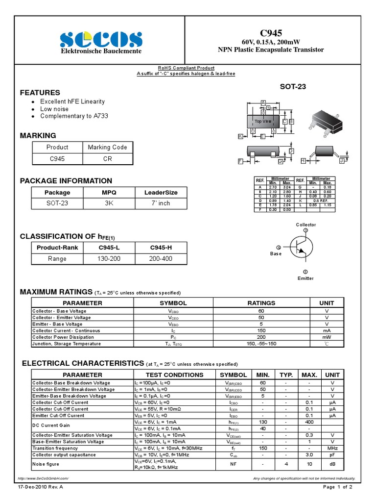 Features SOT-23: 60V, 0.15A, 200mW NPN Plastic Encapsulate Transistor ...