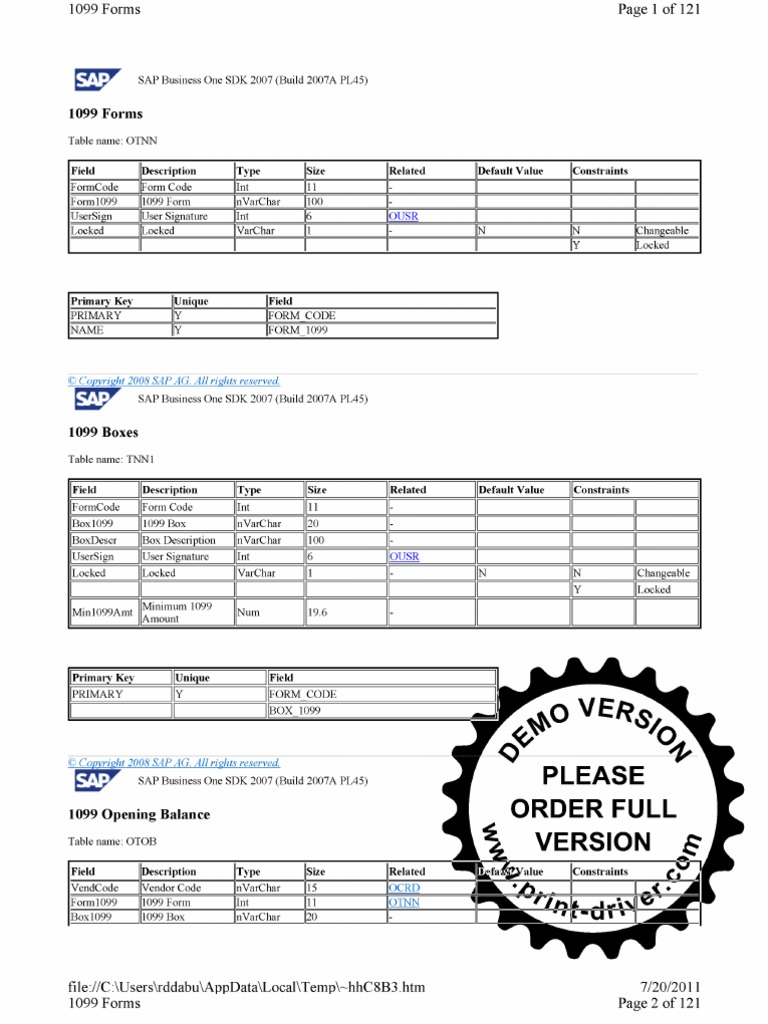 SAP B1 Database Table Reference | PDF