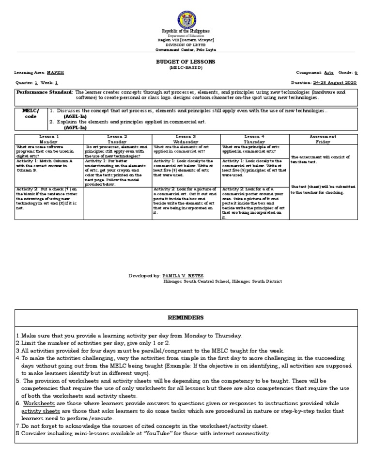Grade 6 MAPEH Arts Lesson Plan | PDF | Learning | Cognition