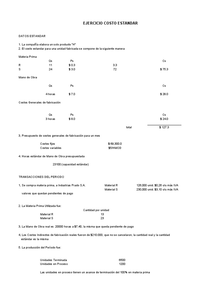 Ejercicio Completo Costo Estándar Pdf Economias Comercio