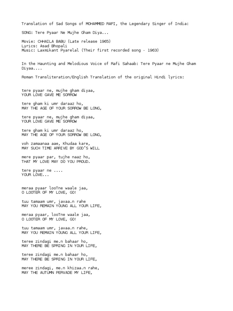 Roman Transliteration English Translation Of Rafi Songs Bollywood Leisure