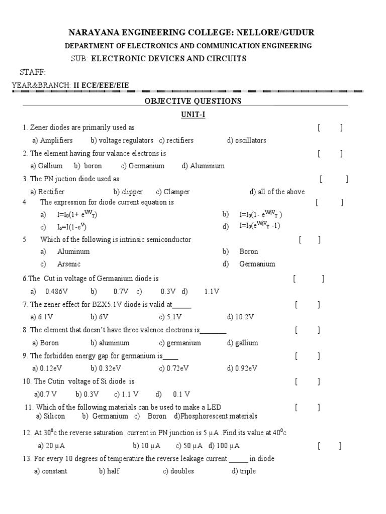 EDC Objective Questions PDF Bipolar Junction Transistor Rectifier