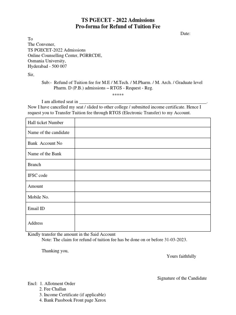 Request for Refund of Tuition Fees via RTGS Transfer | PDF