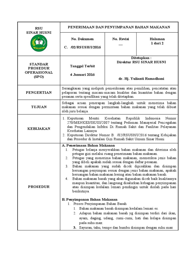 C.020 Spo Penerimaan Dan Penyimpanan Bahan Makanan | PDF