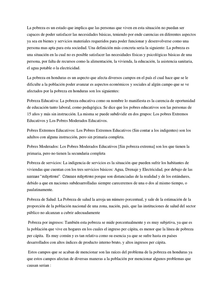 Ensayo Sobre El Fenómeno de La Pobreza en Honduras PDF Pobreza