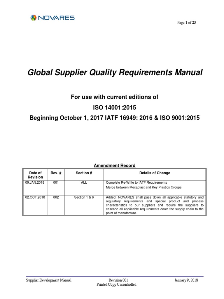 Global Supplier Quality Requirements Manual PDF Supply Chain