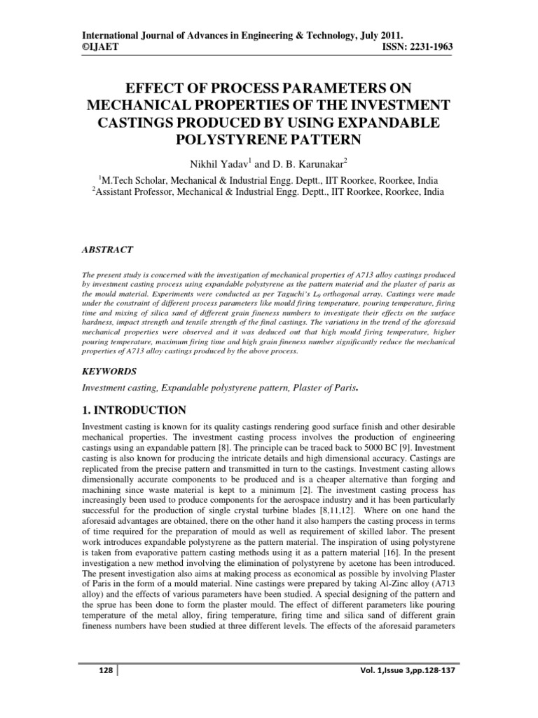 Effect of Process Parameters On Mechanical Properties of The Investment