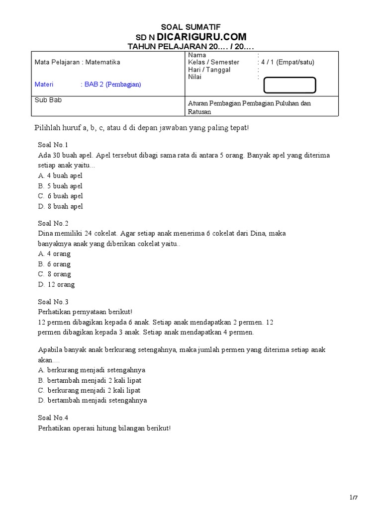 Soal Sumatif Matematika Kelas 4 Bab 2 | PDF
