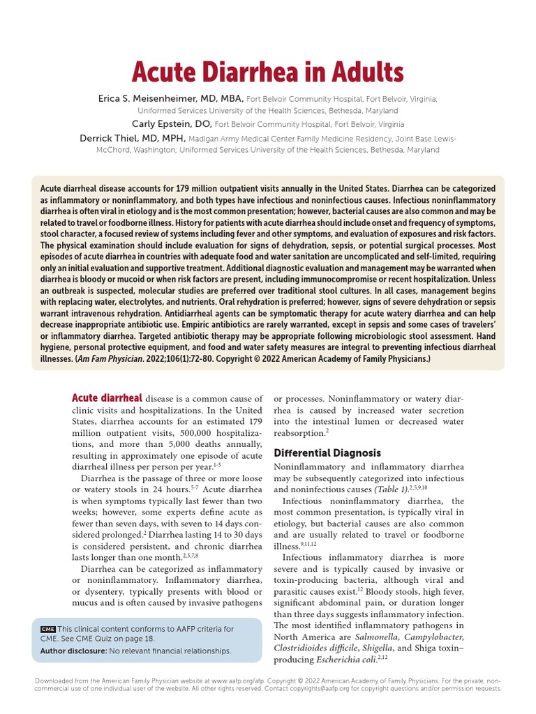 Acute Diarrhea in Adults PDF Diarrhea Infection
