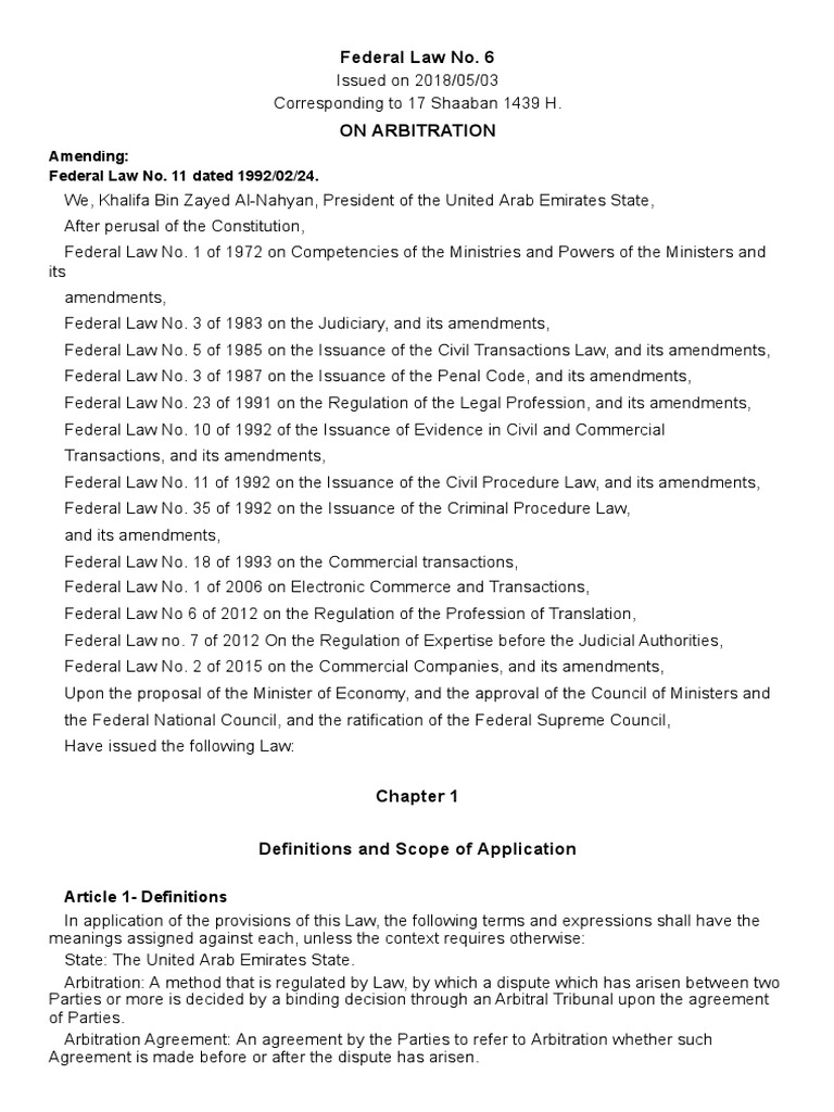 Federal Law No. 6 On Arbitration PDF Arbitral Tribunal Arbitration