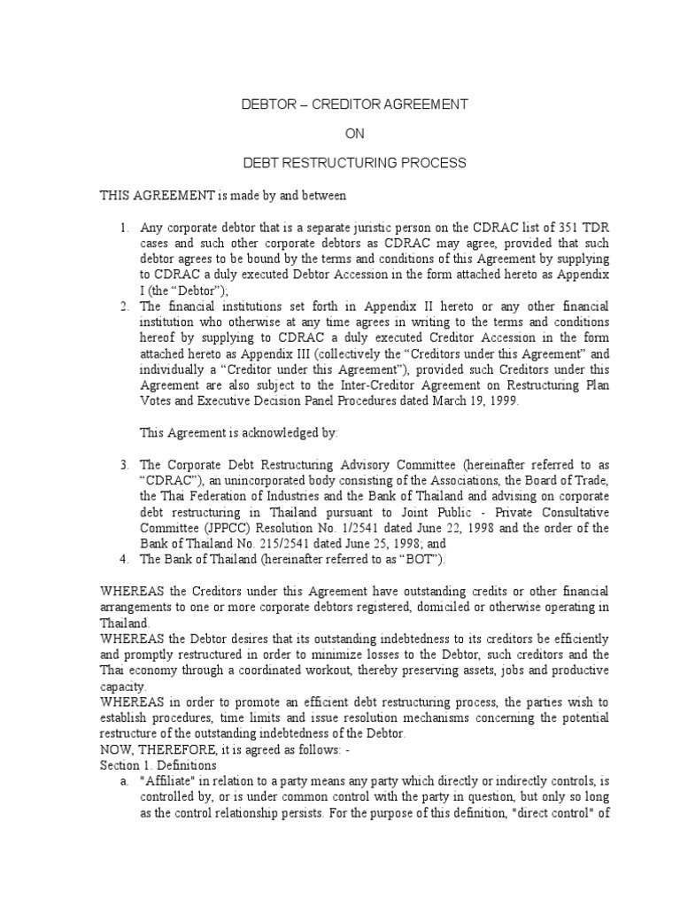 Debtor-Creditor Restructuring Agreement | PDF | Bankruptcy | Mediation