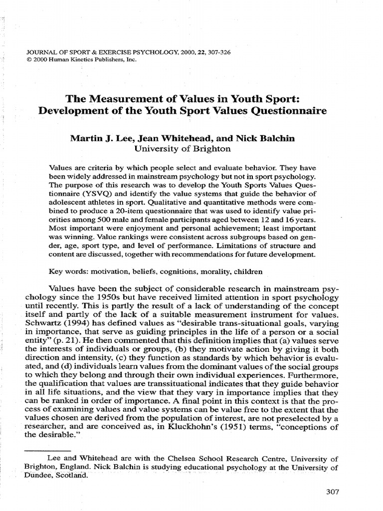 Lee Whitehead Balchin Youth Sport Values Questionnaire 2000 PDF