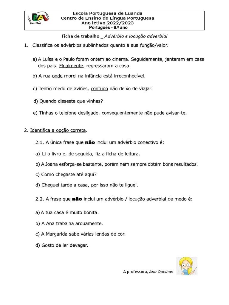 Ficha De Trabalho 2 Adv rbio E Locu o Adverbial PDF