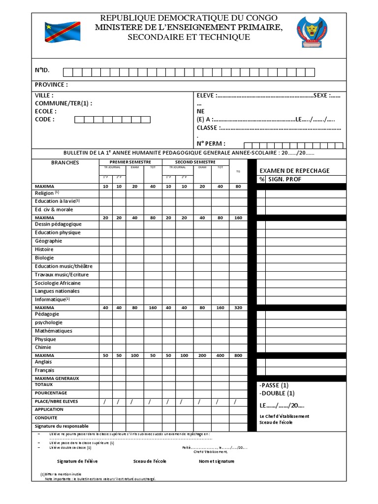 Bulletin Scolaire RDC 2023-2024 | PDF