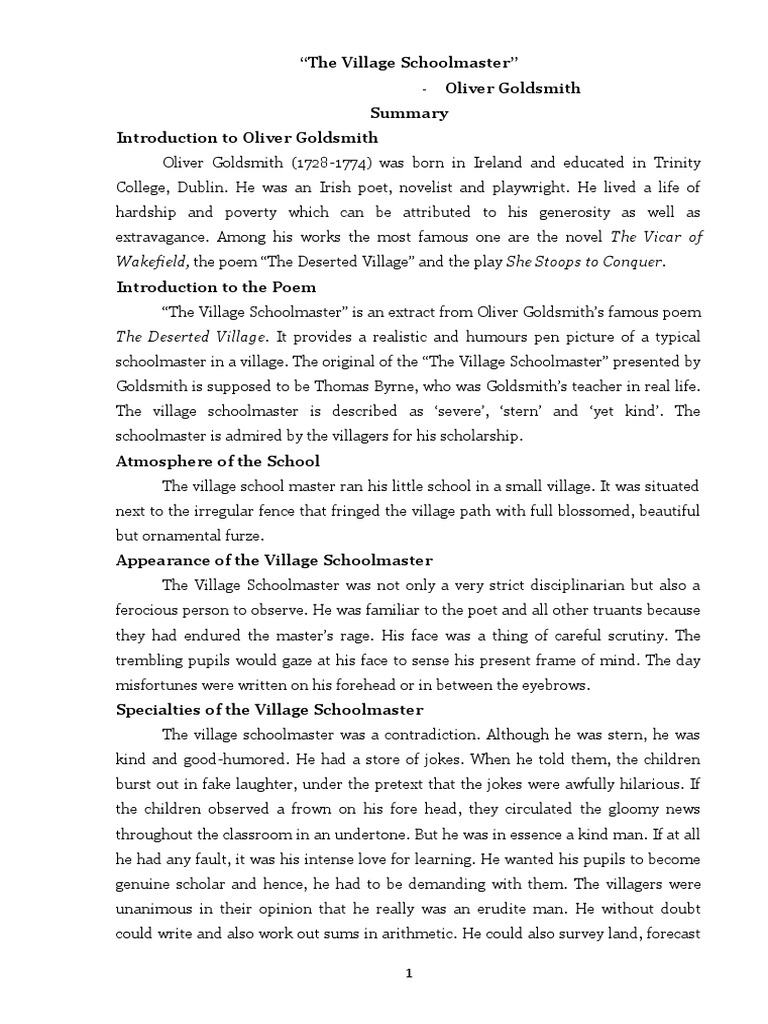 The Village SchoolmasterSummary & Short Answer PDF