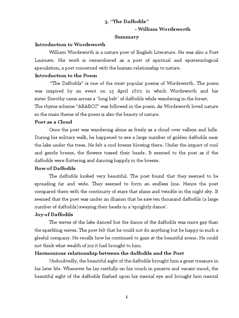 The DaffodilsSummary & Short Answers PDF William Wordsworth