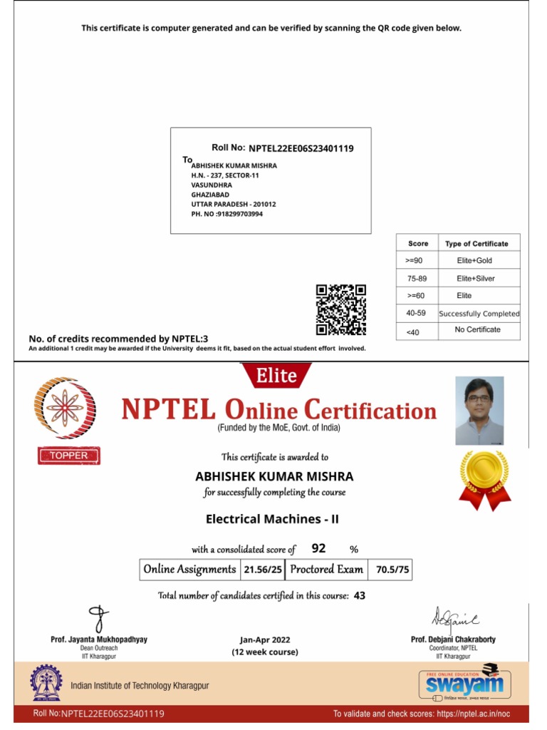 Electrical Machines II NPTEL Score Card PDF