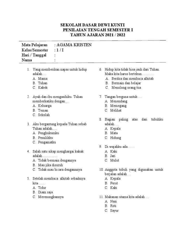 Soal Pak Kelas 1 SD - Ganjil | PDF