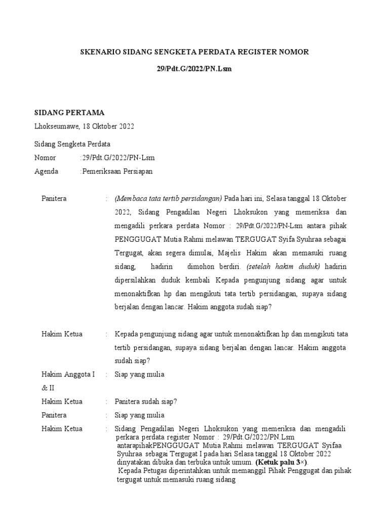 Sidang Sengketa Perdata Lhokseumawe 2022 | PDF